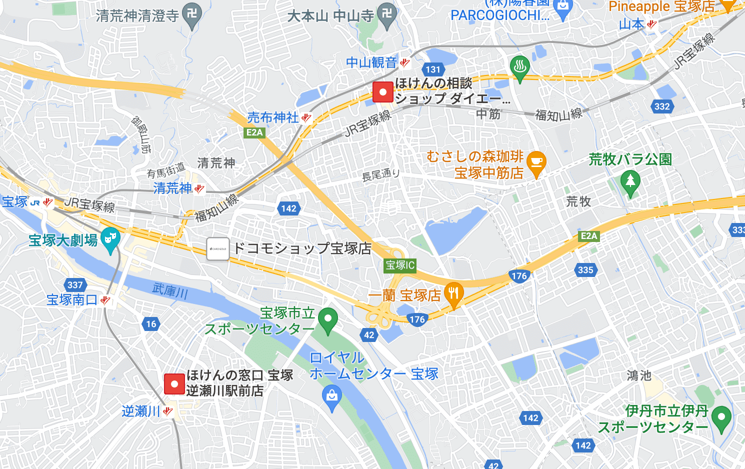 宝塚の保険相談窓口のマップ